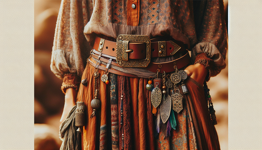 Imagine a bohemian leather belt designed to captivate. This accessory is made of high-quality brown leather, expertly crafted with intricate patterns and details. It has a large, ornate buckle, possib