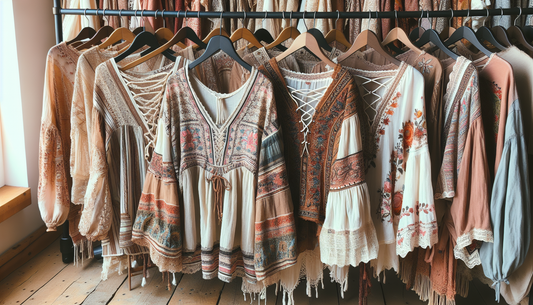 A display of bohemian-style tops that are must-haves for any fashionable wardrobe. These tops display the classic characteristics of bohemian style: loose fits, intricate patterns, bold and often eart