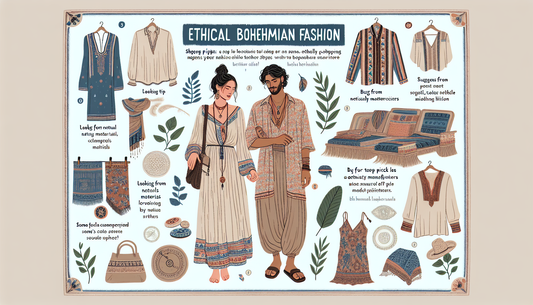 An illustrative guide to ethical bohemian fashion. The image showcases an array of sustainable clothing items and accessories dedicated to the bohemian style. Included in the guide are shopping tips s