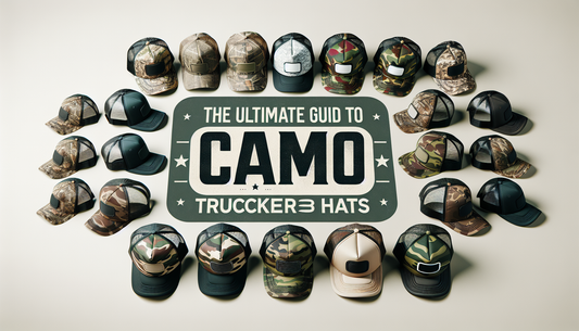 Design a visual guidebook cover featuring different varieties of camouflage patterned trucker hats. Include various styles such as mesh back, snapback, and structured front. Arrange the hats in an aes