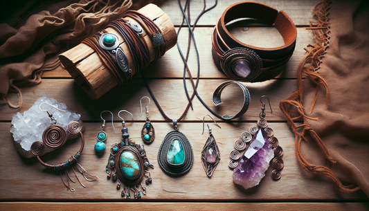 A collection of bohemian style handmade jewelry items displayed on a natural wooden table. To the left, a pair of earrings made from turquoise beads and silver wire, designed by a South Asian male des