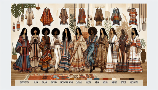 A comprehensive guide illustration on selecting the perfect kaftan for a Boho look. The image contains various styles of kaftans in different patterns and textures, bursting with vibrant colors and in