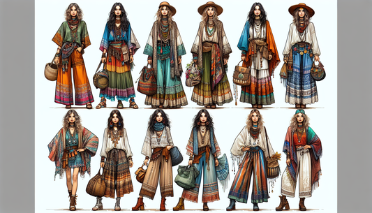 An ultimate guide demonstrating the perfect Bohemian layered look. The image contains detailed illustrations of vibrant, layered garments indicative of Bohemian style. It includes loose, free-flowing 