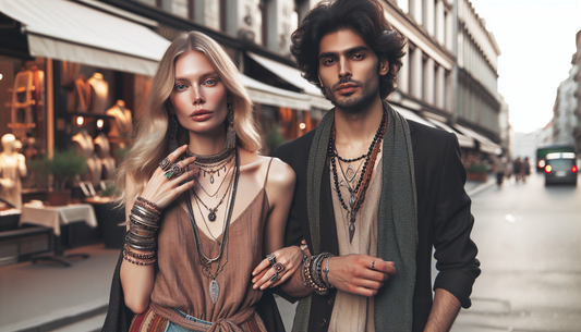 Effortlessly elegant: Visualize an everyday scene featuring a Caucasian woman and a South Asian man, both stylishly dressed in modern attires. They are adorned with beautifully crafted Bohemian jewelr
