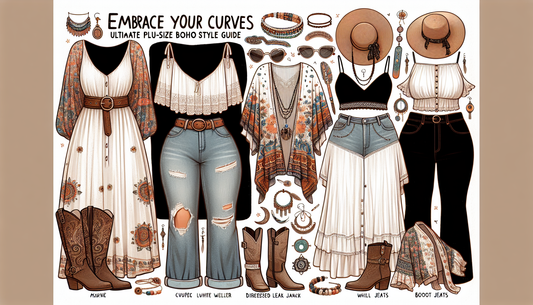 Embrace Your Curves: Ultimate Plus-Size Boho Style Guide. Image of a style guide showcasing different Boho styles perfect for plus-size individuals. The guide includes a variety of outfits; a maxi dre