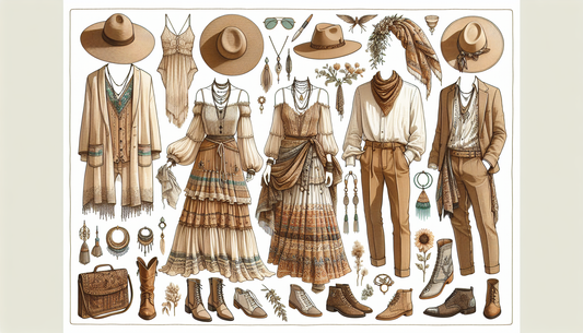 An intuitive, well-structured guide on how to dress as a wedding guest in a budget-friendly Boho Chic style, relevant for the year 2024. This guide should include visuals of suggested male and female 