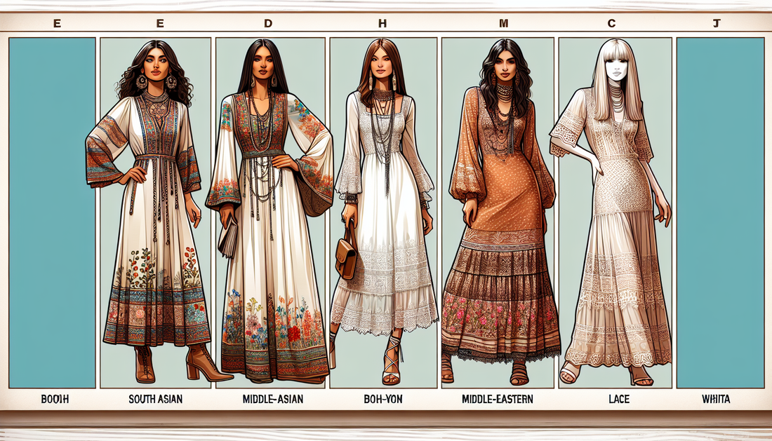 A highly detailed guide showcasing various styles of chic Boho dresses, designed for women across the globe. It demonstrates an eclectic collection of these comfortable and stylish dresses suitable fo