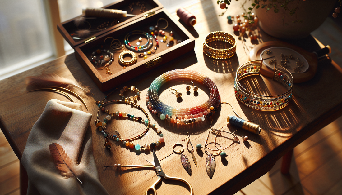 A charming collection of handmade accessories, arranged on a smooth wooden table, bathed in warm, soft sunlight filtering through an open window. The accessories include an elegant, multicolor bead ne