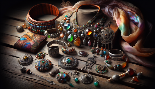 A beautifully arranged scene depicting a variety of artisan-crafted jewelry and accessories. The collection includes a statement necklace of vibrant gemstones, a pair of intricate silver earrings, a d