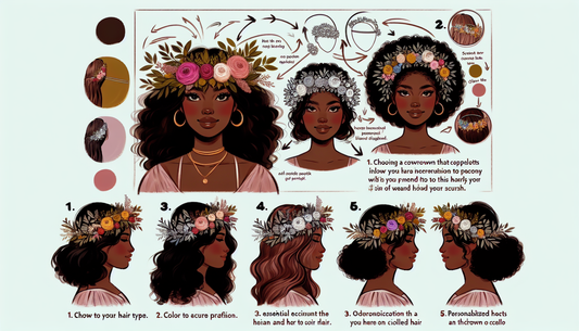 A detailed visual guide with five essential tips for wearing a Bohemian floral crown. The first tip highlights choosing a crown that complements the individual's hair type, depicted by an illustration
