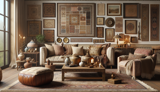 Visualize a warm and inviting living room displaying distinctive features of vintage boho home decor. Imagine faded patterned rugs, rich ornate fabrics draped over furniture, distressed wood tables ad