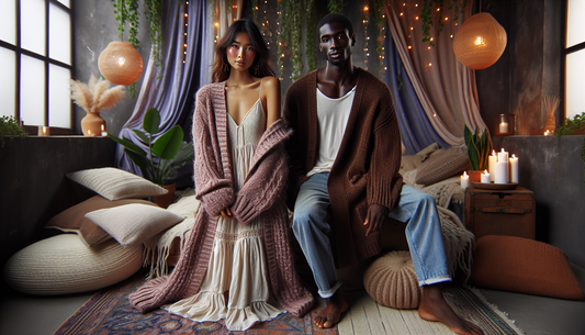 A beautifully crafted scene illustrating the perfect bohemian evening and the art of styling cozy cardigans. In the center, South-Asian woman with a cozy mauve cardigan over a flowy white dress. The c