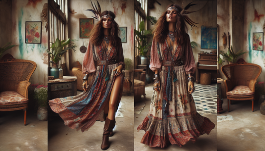 An image capturing the essence of Bohemian style for women. It features a woman with a sense of freedom and creativity in her attire, standing in an open space. She is of Middle-Eastern descent, grace