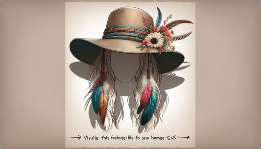 Visualize a fashionable wide-brimmed hat perfect for a boho-chic look. This may include intricate design elements such as faux suede bands, colorful feathers or floral decorations. It should possess a