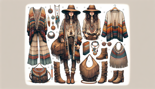 Visualize a petite woman mastering Bohemian style. She is comfortably dressed in layered clothing with eclectic colours and prints. She is accessorized with large, chunky, vintage-inspired jewelry, su