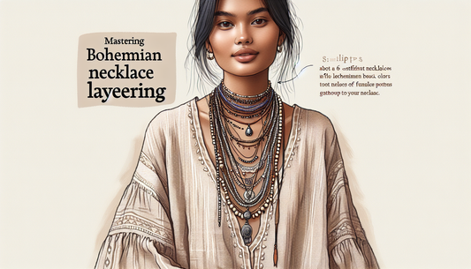 Create a visualization of bohemian necklace layering tips. Display a South Asian woman comfortably dressed in a loose, neutral-toned linen tunic. She should have about five to six distinct bohemian-st