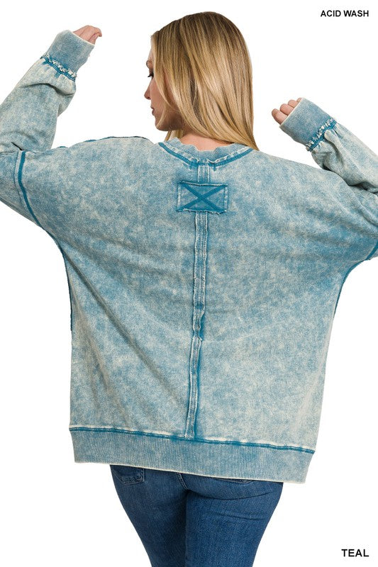 F/TERRY ACID WASH RAW EDGE FRONT POCKET PULLOVER