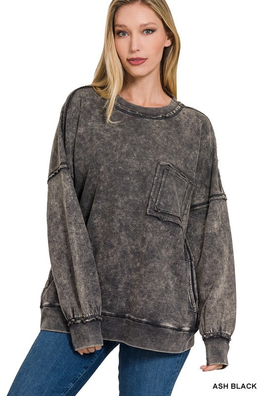 F/TERRY ACID WASH RAW EDGE FRONT POCKET PULLOVER