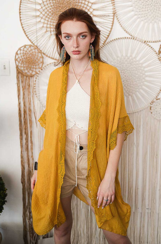 Sunshine Lace Trim Kimono Mustard