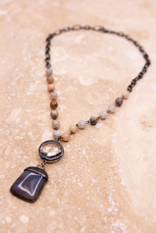 Yale Agate + Crystal Beaded Pendant Boho Necklace - Liv Rocks Energy Healing Crystals Shop, Gems + Wholesale Sage