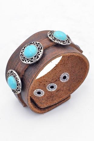 Copy of Copy of Leather Wide Cuff Bracelet - Turquoise Stone - Liv Rocks Energy Healing Crystals Shop, Gems + Wholesale Sage